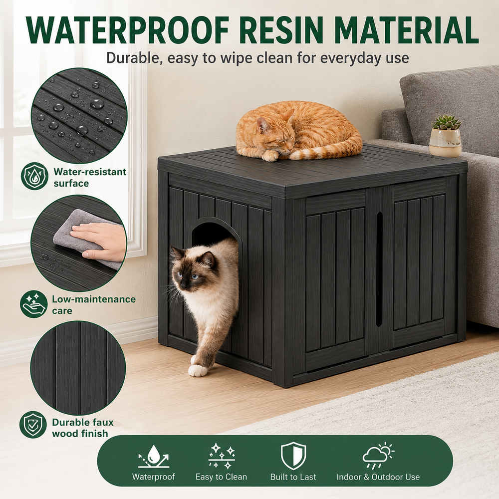 MINDYES Hidden Multifunctional Cat Litter Box Enclosure Furniture with Divider for Living Room Bedroom Hallway, Black