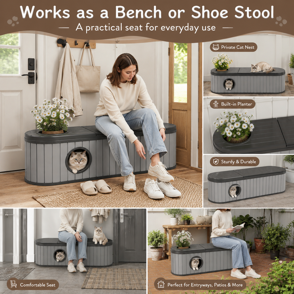 MINDYES Multifunctional 4-In-1 Outdoor Cat Bed Furniture, Combines Cat House, Shoe-Changing Stool, Bench and Storage Cabinet, Gray