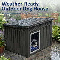 MINDYES Classic Dog House Outdoor Faux Wooden Shelter with Weatherproof Roof Removable Floors for Medium Small Dogs, Black