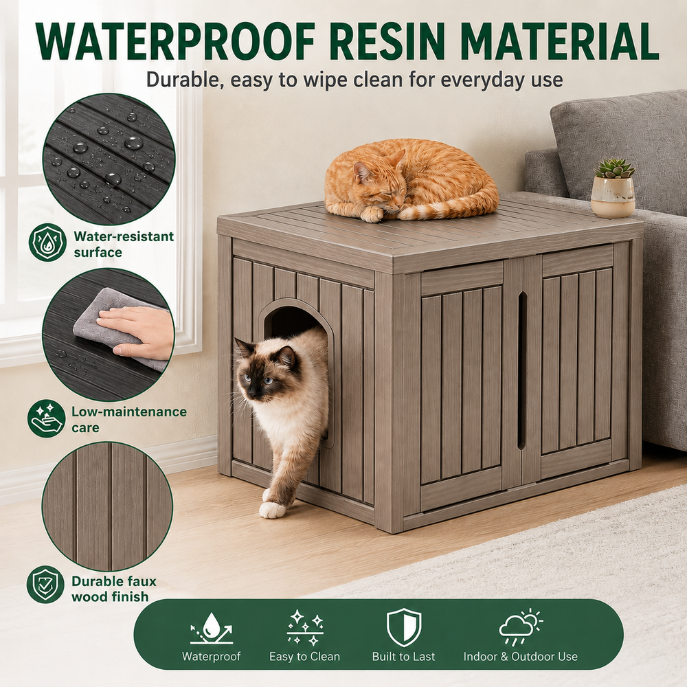 MINDYES Multifunctional Cat Cabinet, Hidden Cat Litter Box Furniture with Divider for Indoor Outdoor, Light Brown