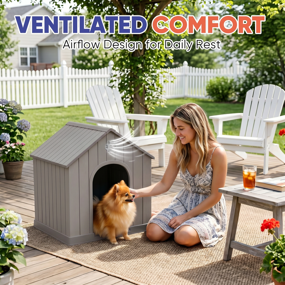 MINDYES Medium Small Dog House, Resin Faux Wood Dog Shelter for Outdoor & Indoor, Light Brown