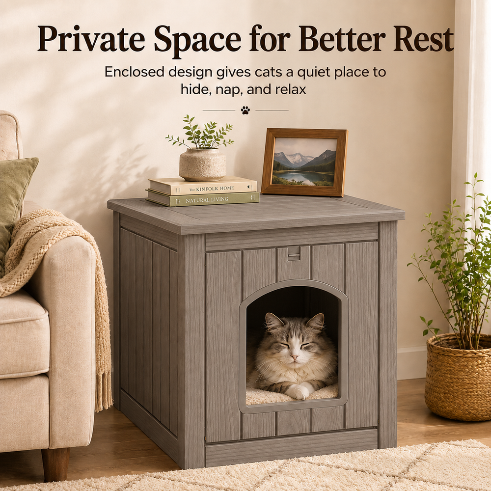 MINDYES Outdoor Cat House, Weatherproof 35Gal Pet Shelter for All Small Pets, Light Brown