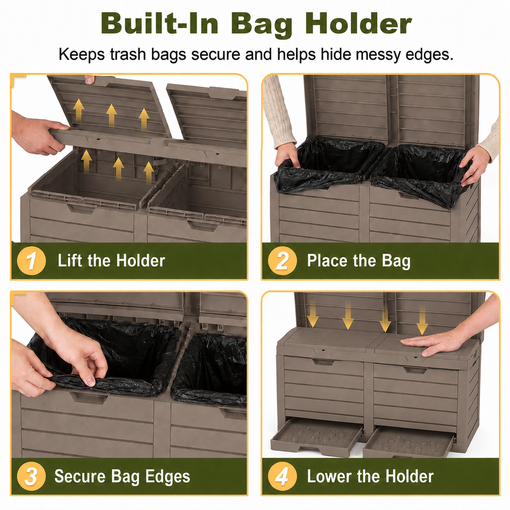 MINDYES Outdoor Trash Bin 62 Gallon Hideaway Garbage Can, Attached Lid, Light Brown