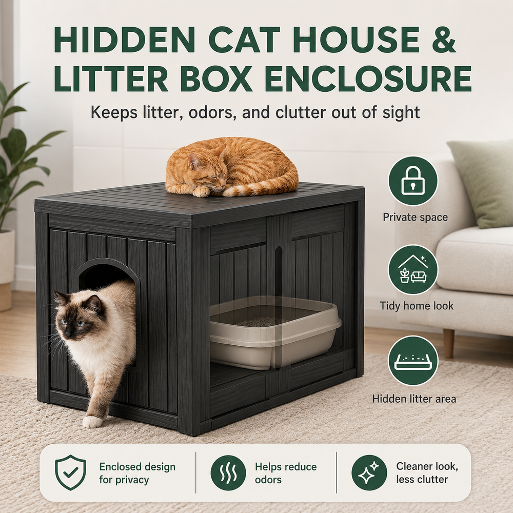 MINDYES Hidden Multifunctional Cat Litter Box Enclosure Furniture with Divider for Living Room Bedroom Hallway, Black