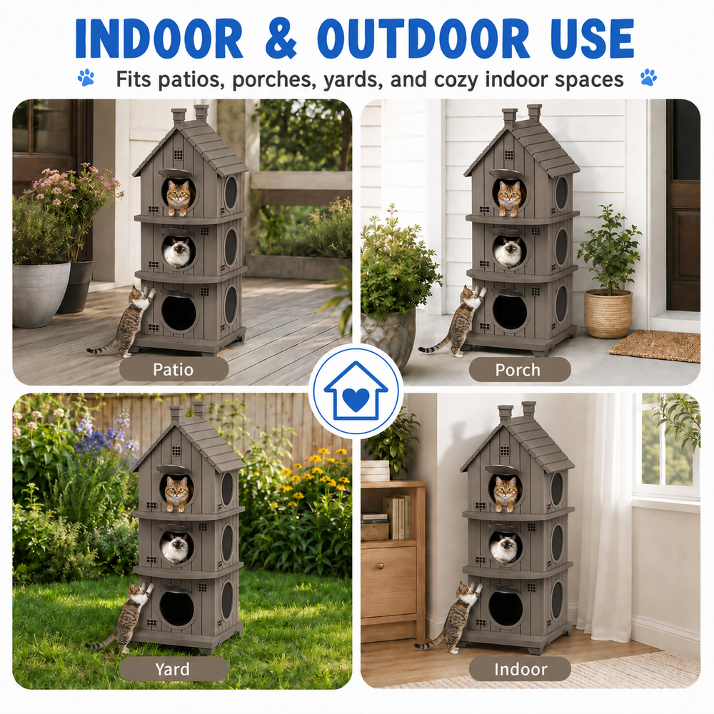MINDYES Cat House, Weatherproof Outdoor Three-Tier Cat Bed for Garden & Patio, Light Brown