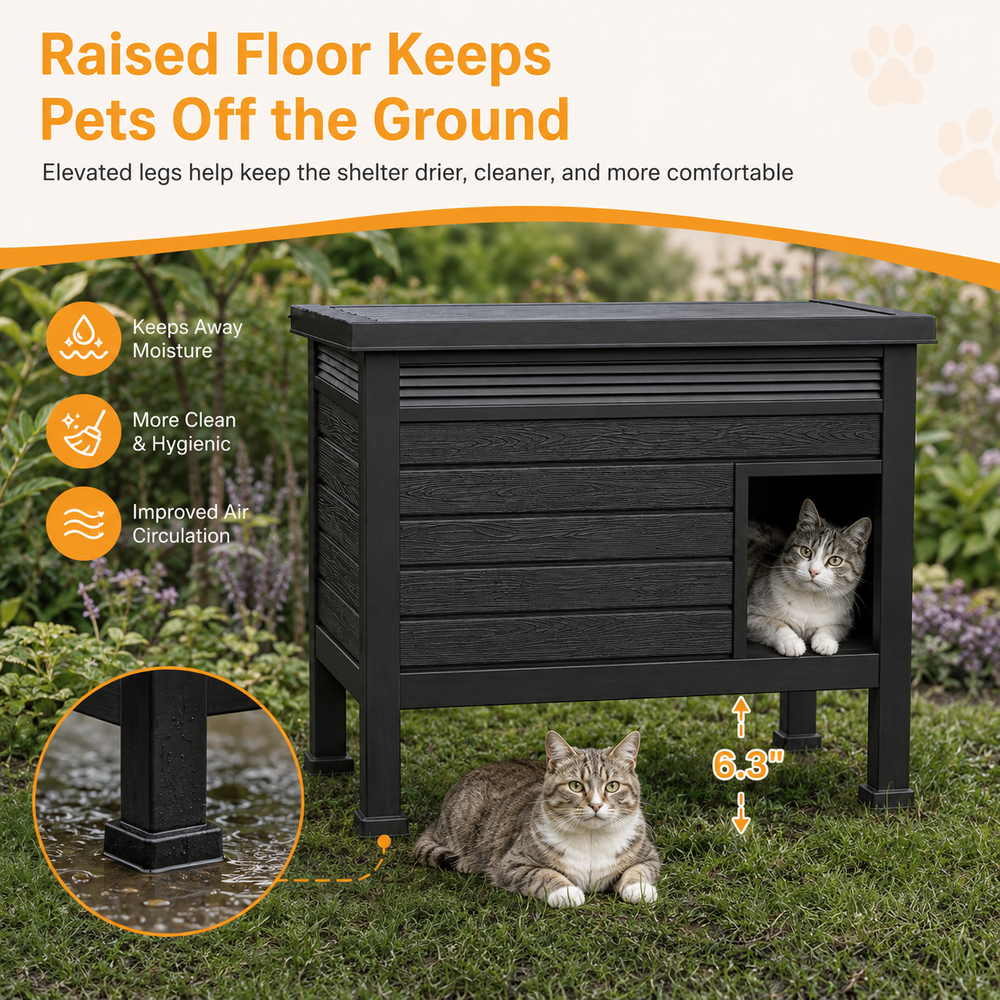 MINDYES Outdoor Cat House with Stent & Weatherproof Roof for Feral Cats & Kittens, Black