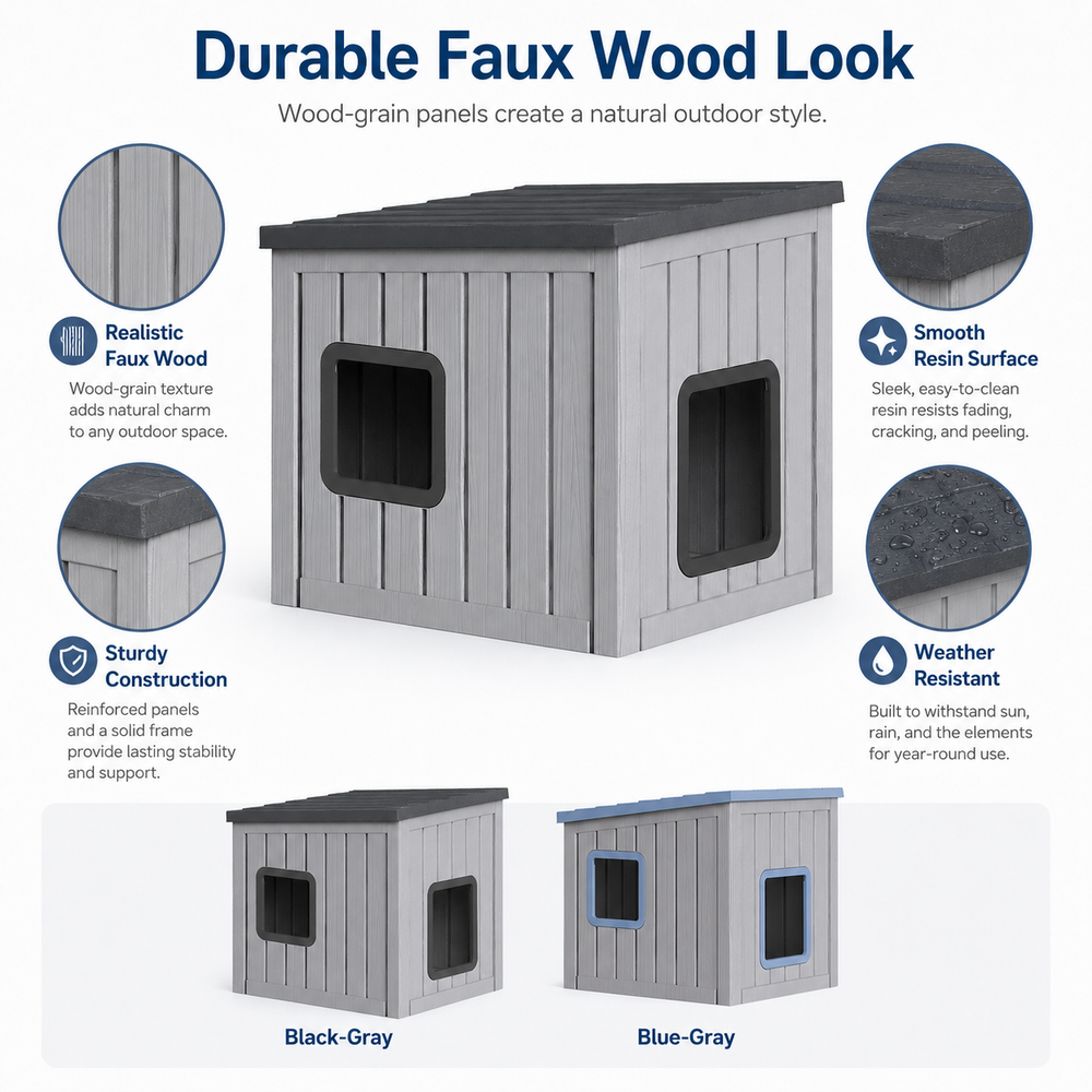 MINDYES Outdoor Cat House, Weatherproof Roof Removable Lids & Ventilation window for Cats Kittens & Puppies, Gray