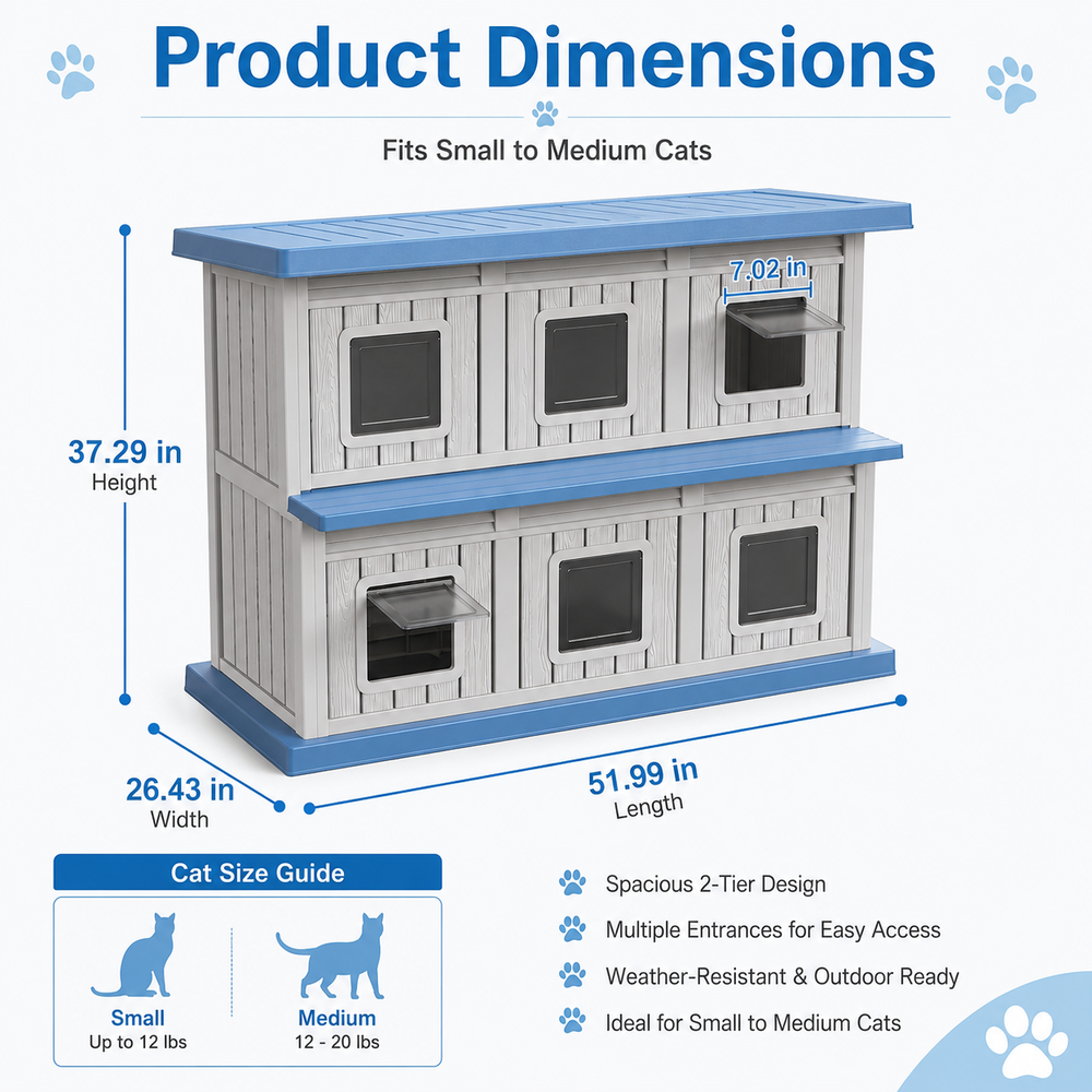 MINDYES Double-Layer Cat Bed, Indoor Outdoor Cat House Pet Shelter with Weatherproof Roof & Thickened Eaves for 6-12 Cats, Blue