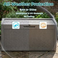 MINDYES 70 Gallon Resin Deck Box, Patio Cushions, Wicker Outdoor Storage Box Pool Toys & Garden Tools, Beige
