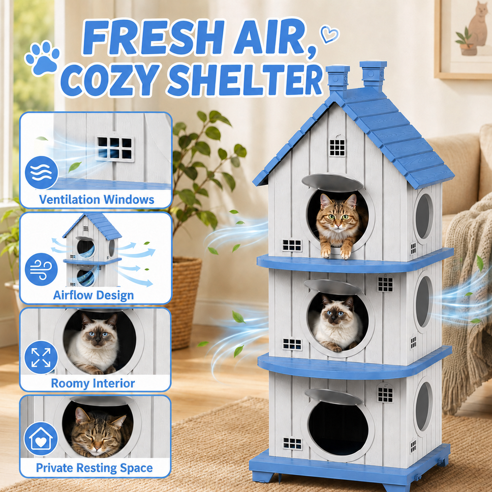 MINDYES Outdoor Three-Tier Cat Bed, Weatherproof Cat House Pet Shelter for Garden & Patio, Blue