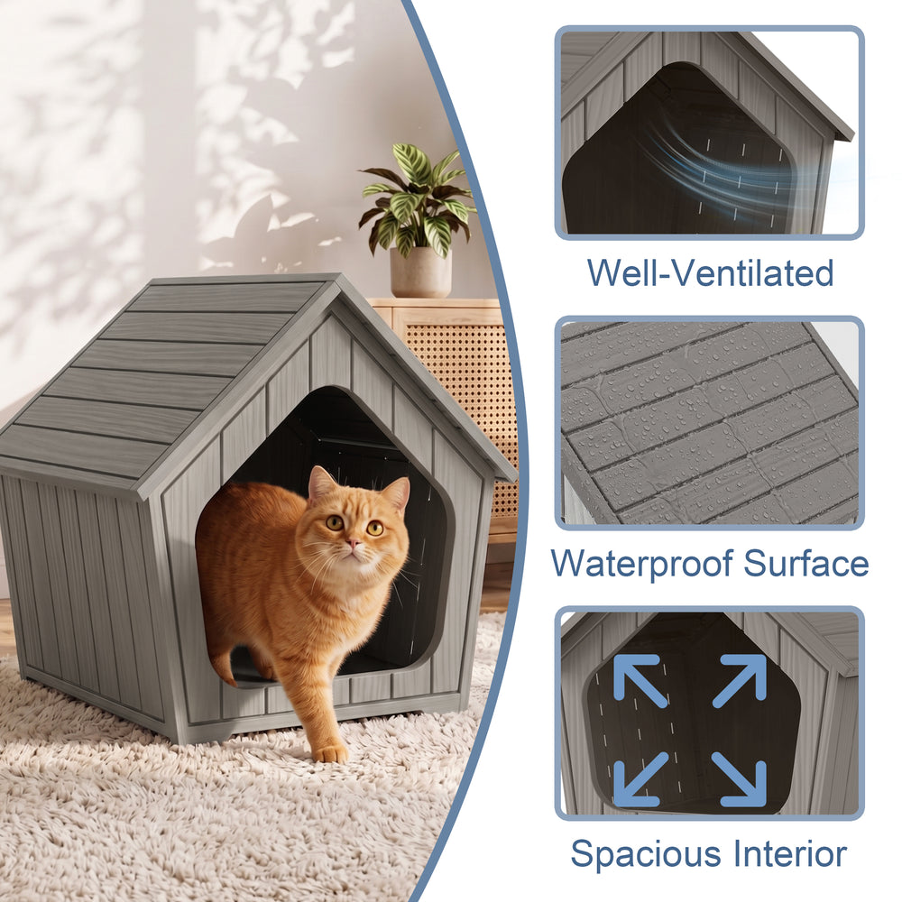 MINDYES Outdoor Cat House Weatherproof Faux Wooden Pet Shelter for Cats Kittens & Puppies, Light Brown