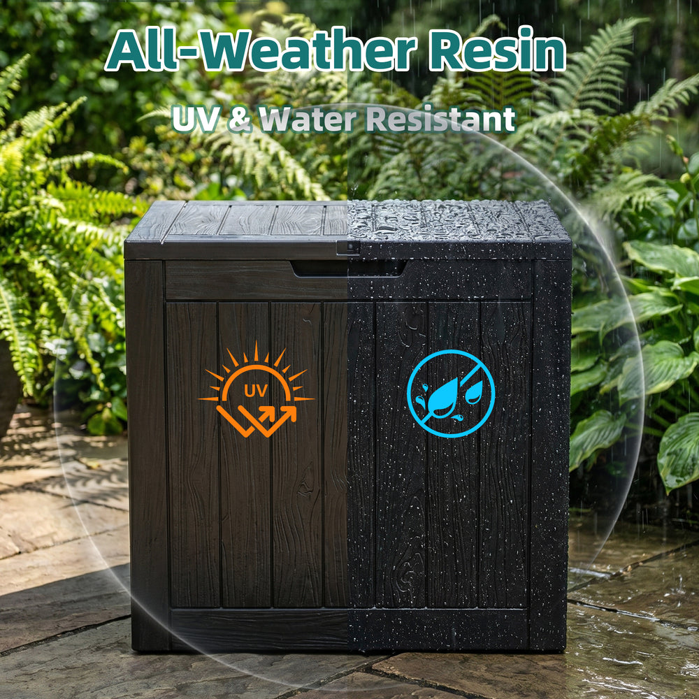 MINDYES 30 Gallon Deck Box, Outdoor Resin Storage Box, Waterproof Patio Lockable Outside Cushions, Black