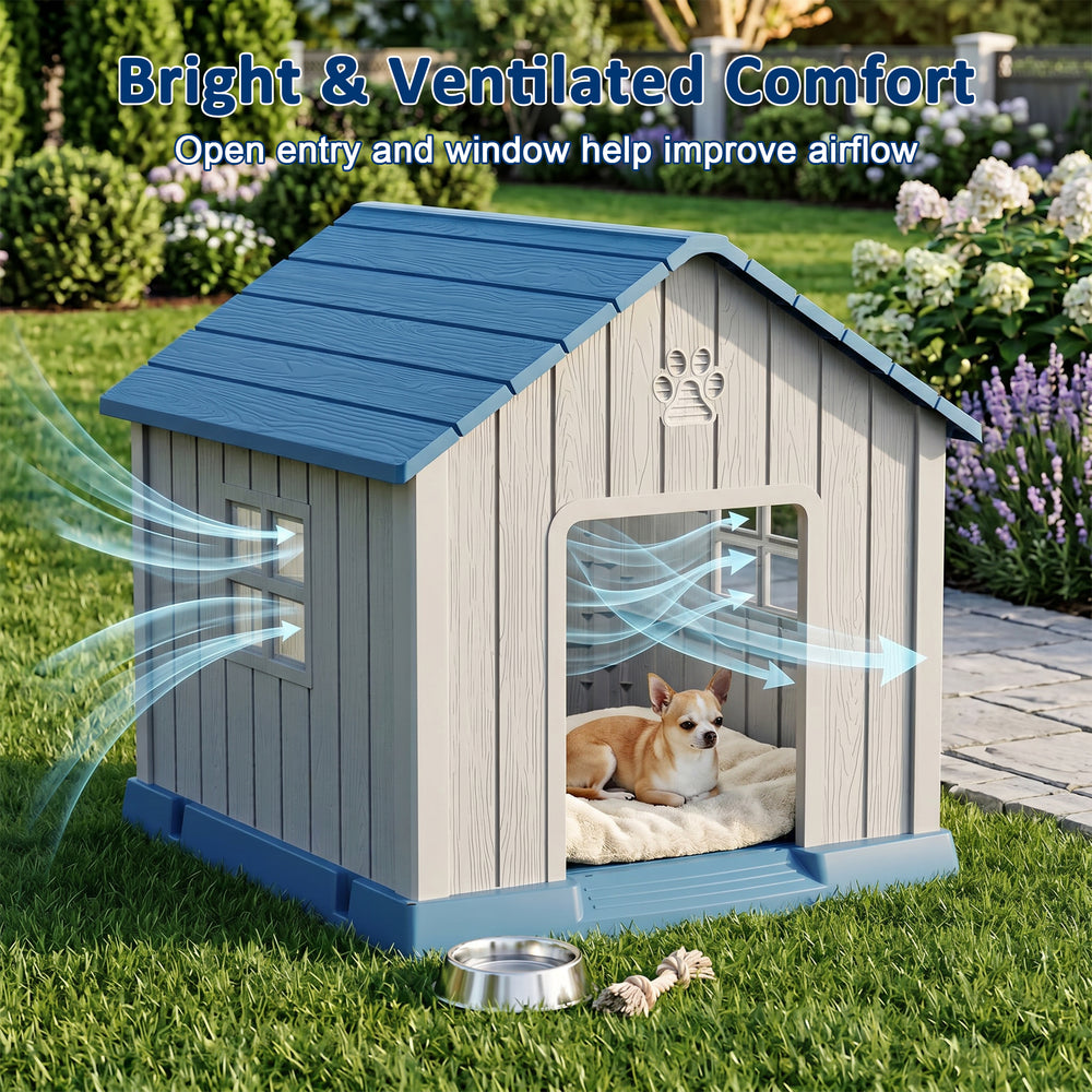 MINDYES Outdoor Dog House with Weatherproof Asphalt Roof & Window, Blue