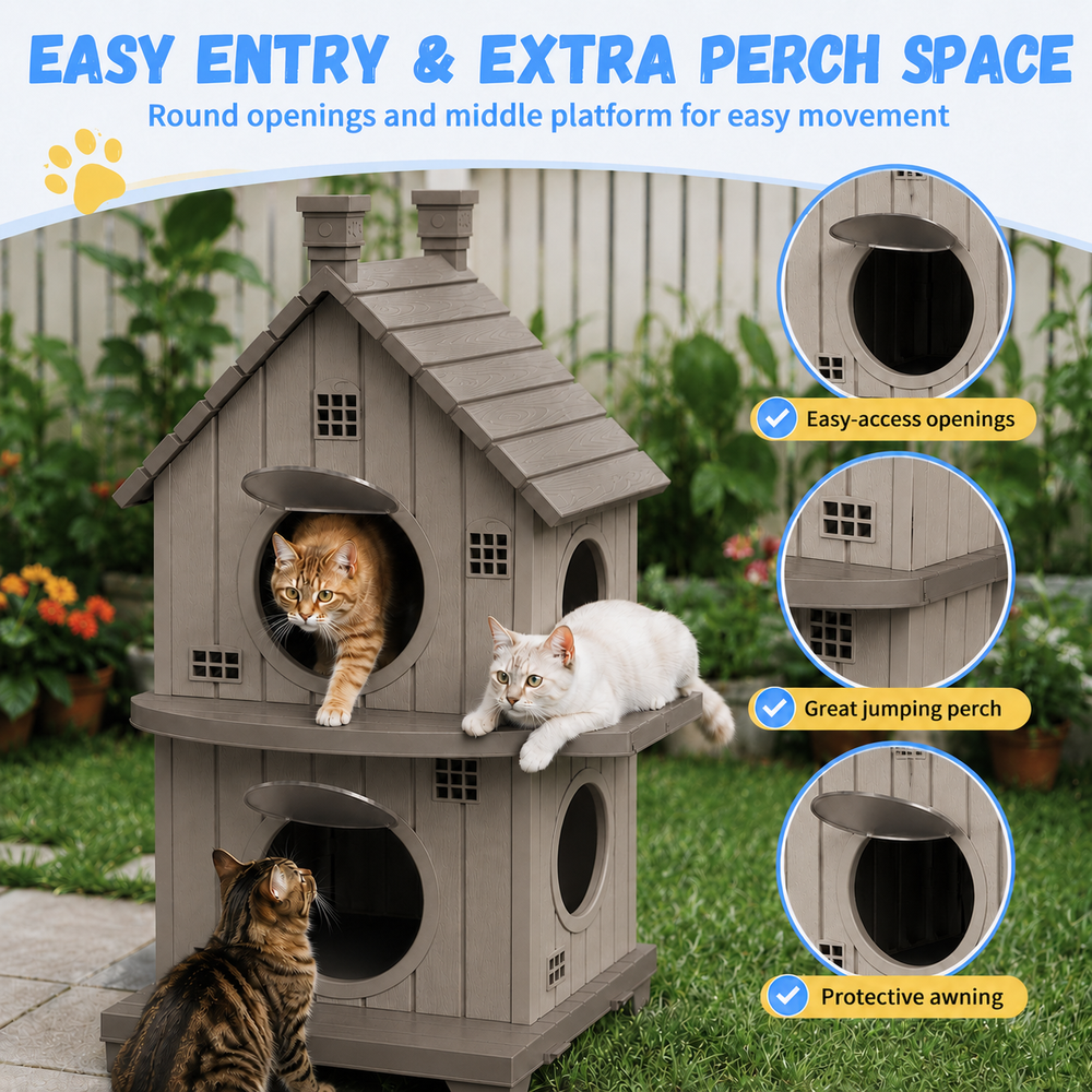 MINDYES Double-Layer Cat House for Home, Cat Shelter with entilation Windows for Indoor & Outdoor,  Light Brown