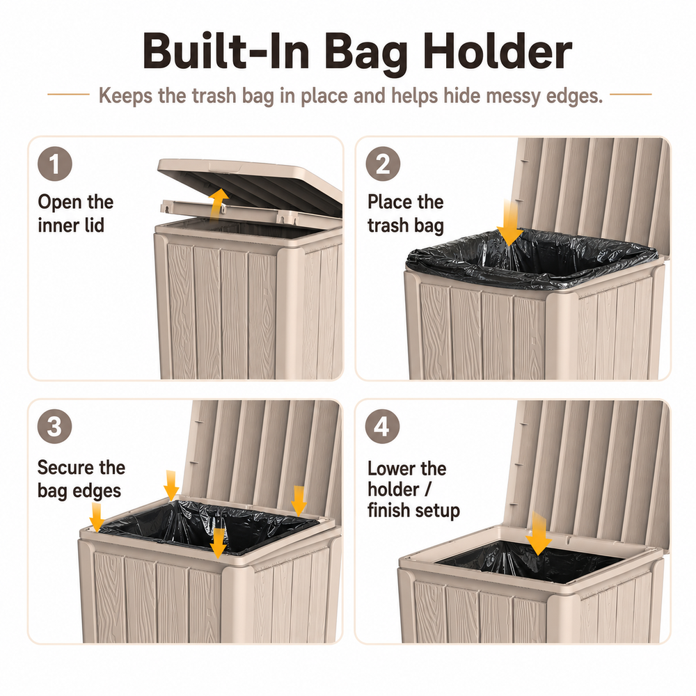 MINDYES Outdoor Trash Can with Lid, 32 Gallon Garbage Bin for Backyard & Garden, Light Brown