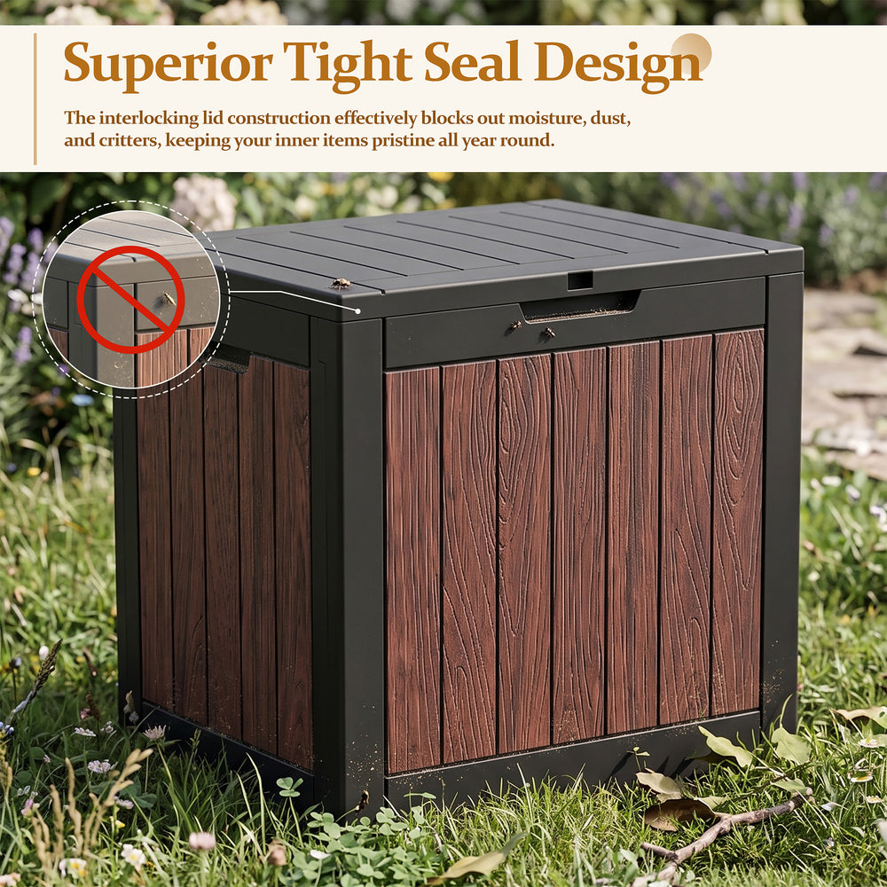 MINDYES 35 Gallon Outdoor Deck Box, Resin Walnut Wood Storage Boxs for Backyard Patio Gaden