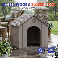 MINDYES Medium Small Dog House, Resin Faux Wood Dog Shelter for Outdoor & Indoor, Light Brown