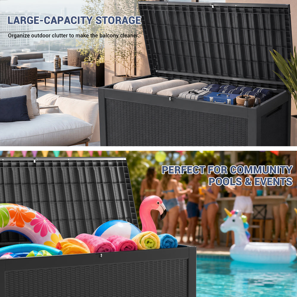 MINDYES 300 Gallon Wicker Deck Box, Outdoor Storage for Patio Furniture Cushions, Pool Equipment & All Tools, Black