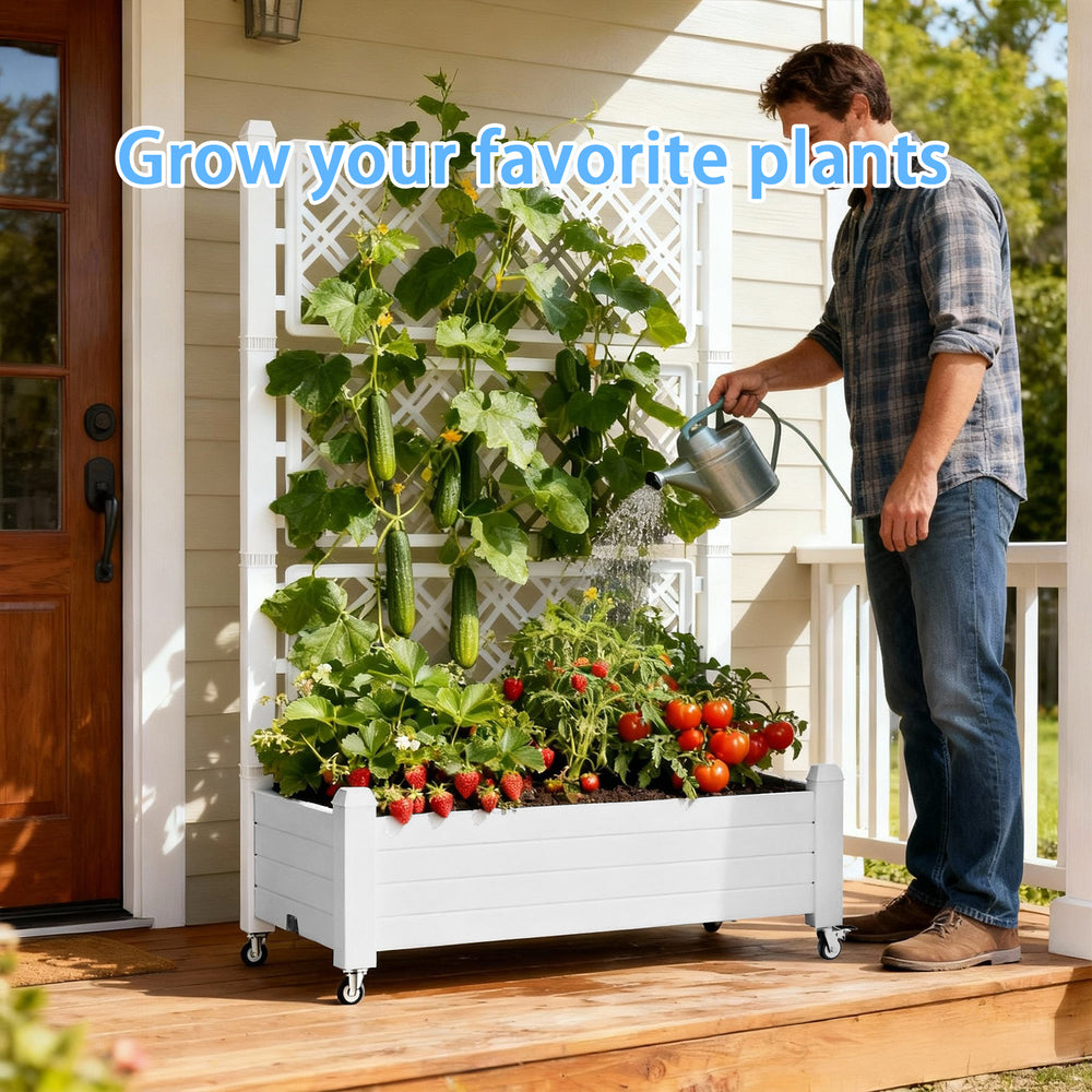 MINDYES Outdoor Raised Beds, Large Resin Patio Planter Box Stand With Trellis Divisible with Drain Plug,Water Monitor for Plants Vegetables Flowers Fruits
