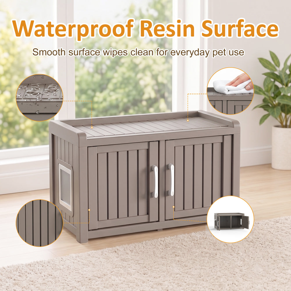 MINDYES Cat Litter Box Furniture, Dual-Door Cat Cabinet for Bedroom Hallway & Courtyard, Light Brown