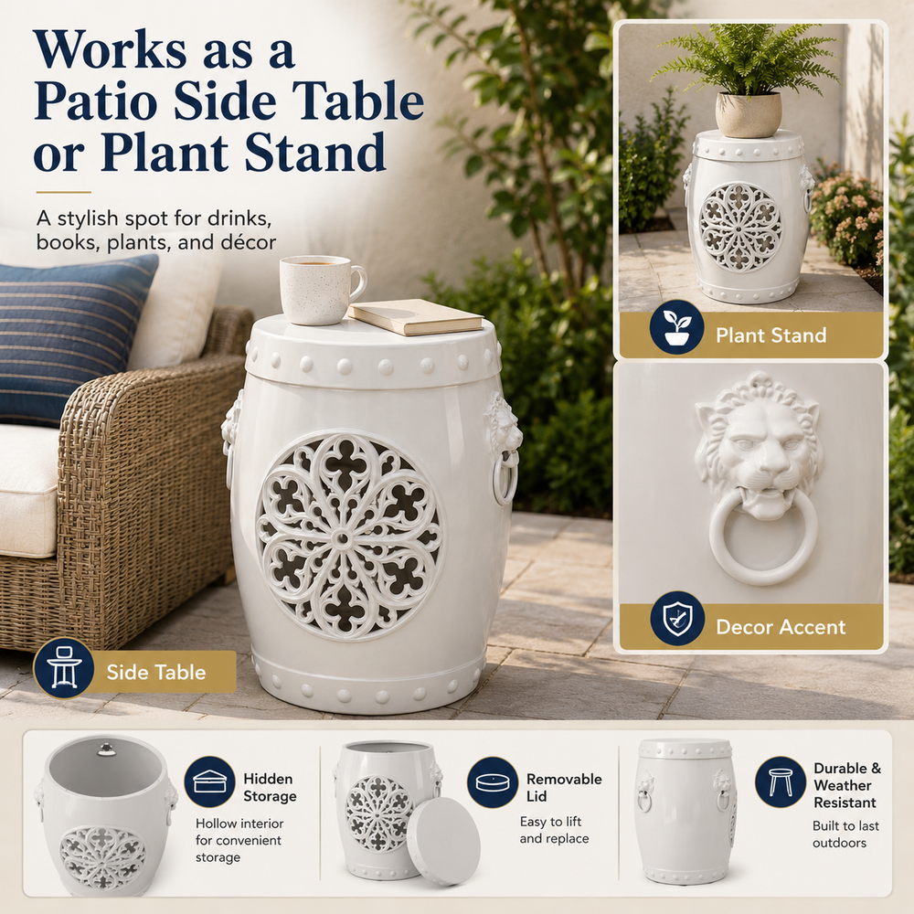 MINDYES 3-in-1 Faux Ceramic Garden Stool, Indoor Outdoor Furniture with Storage & Side Table, Home Collection for Patio Garden, White