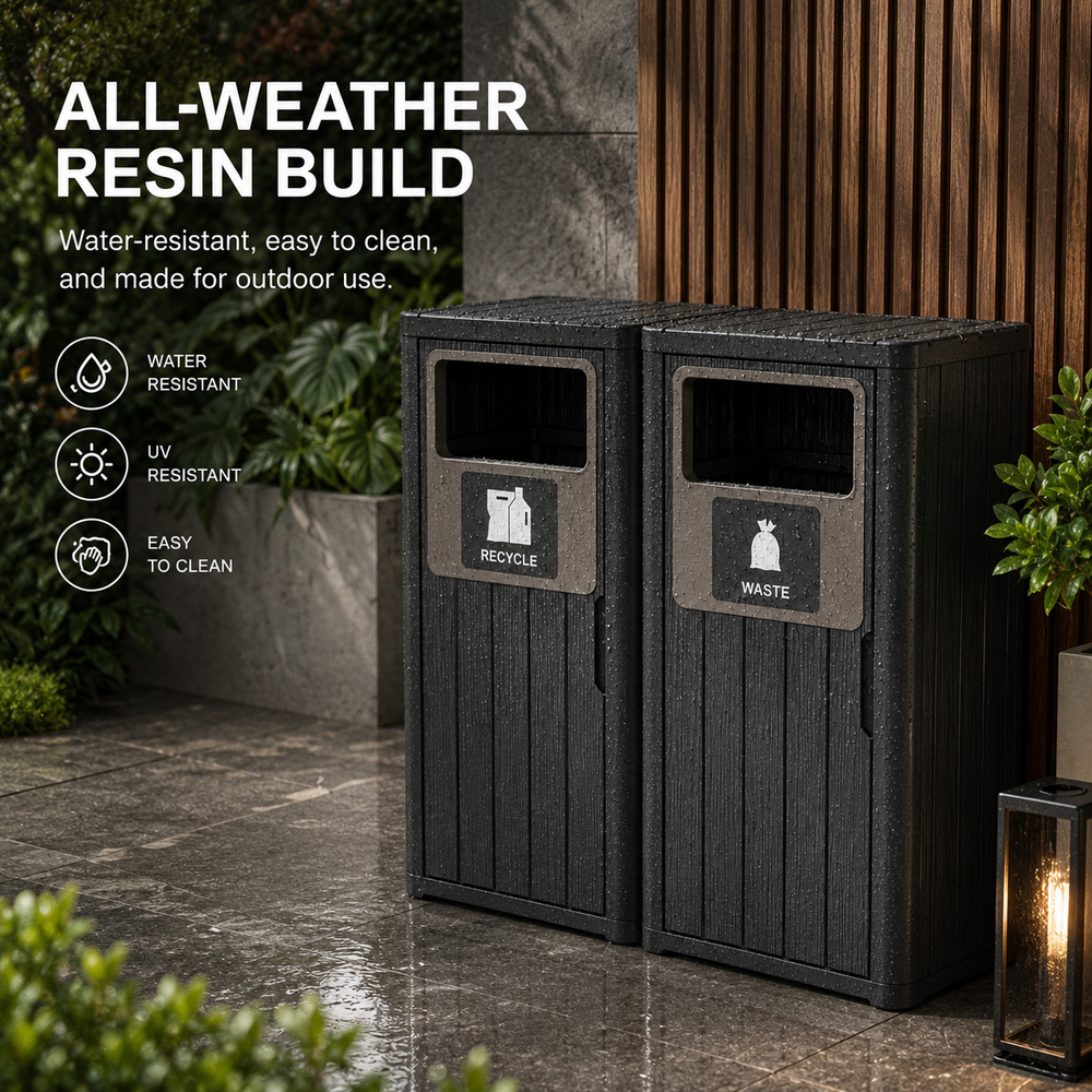MINDYES 66 Gallon Large Outdoor Trash Bin, Waterproof Resin Garbage Can with Garbage Labels for Garden Backyard, Black