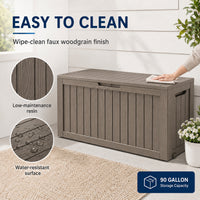 MINDYES 90 Gallon Outdoor Deck Box, Patio Storage Box with Gas Strut for Cushions, Holiday Decor & Garden Tools, Beige
