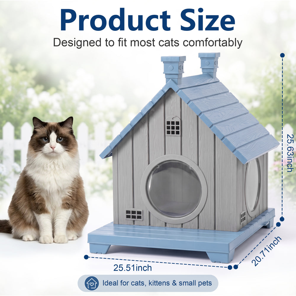 MINDYES Outdoor Cat House Weatherproof Pet Shelter for Cats Kittens & Puppies, Blue
