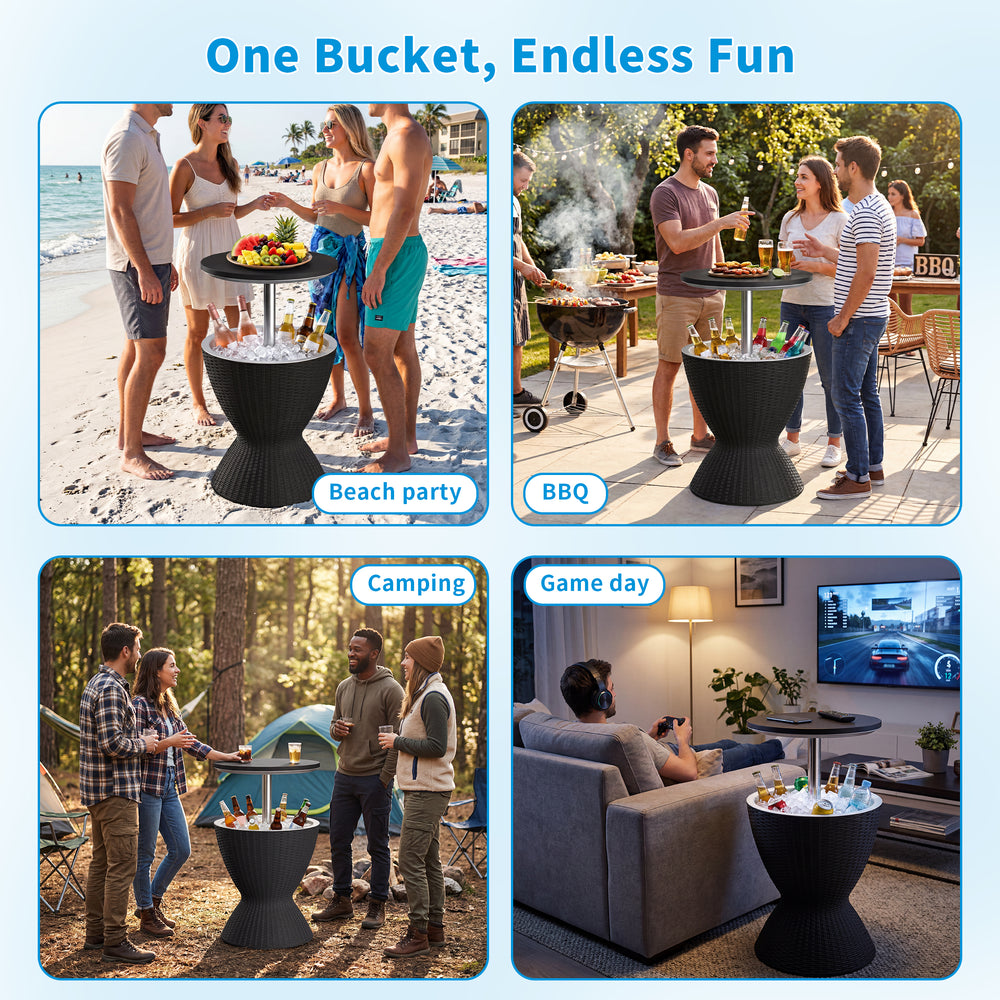 MINDYES 8 Gallon Ice Bucket 4-IN-1 Outdoor Patio Furniture, Cool Bar Table Cocktail Side Table, Black