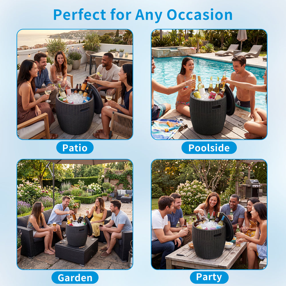 MINDYES Outdoor Patio Furniture and Cool Bar Table Cocktail Side Table with 10 Gallon Ice Cooler Bucket Cooler, Black