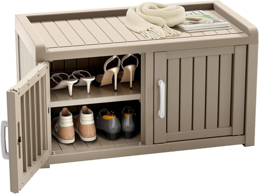 Shoe Storage Bench Entryway Bench with Adjustable Shelves and 2 Doors for Hallway, Living Room, Bedroom