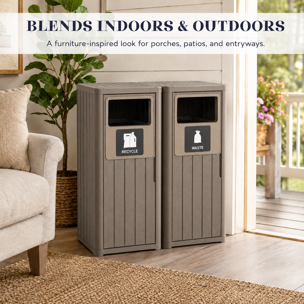 MINDYES Outdoor Trash Can with Garbage Labels, 66 Gallon Large Waterproof Garbage Can for Porch Patio, Light Brown