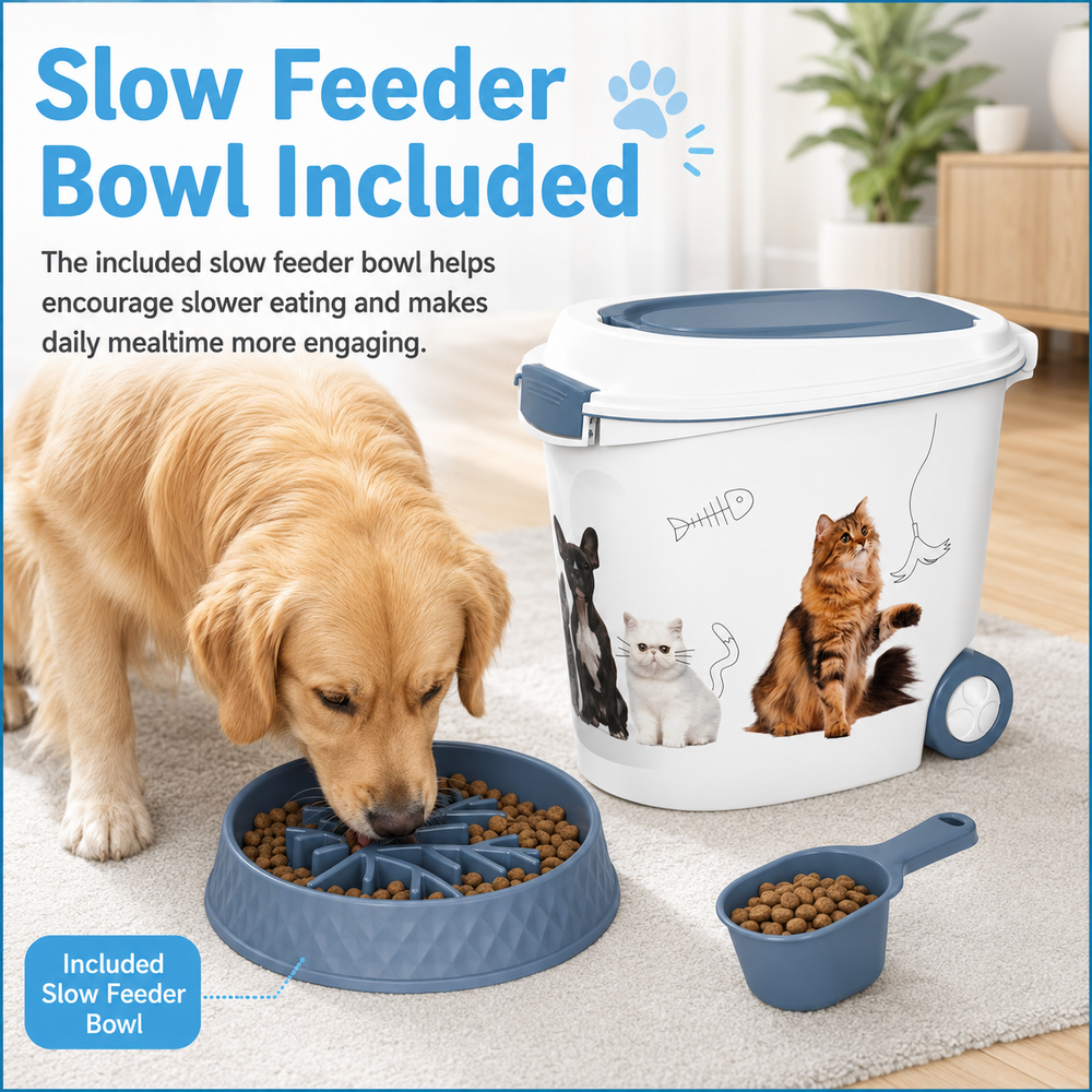MINDYES 32 Lb Airtight Pet Food Storage Container, Dog & Cat Food Storage Bin with Scoop and Slow-Feeder Bowl