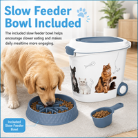 MINDYES 32 Lb Airtight Pet Food Storage Container, Dog & Cat Food Storage Bin with Scoop and Slow-Feeder Bowl