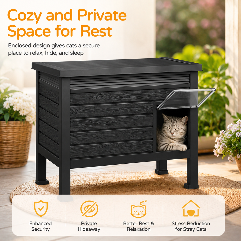 MINDYES Outdoor Cat House with Stent & Weatherproof Roof for Feral Cats & Kittens, Black