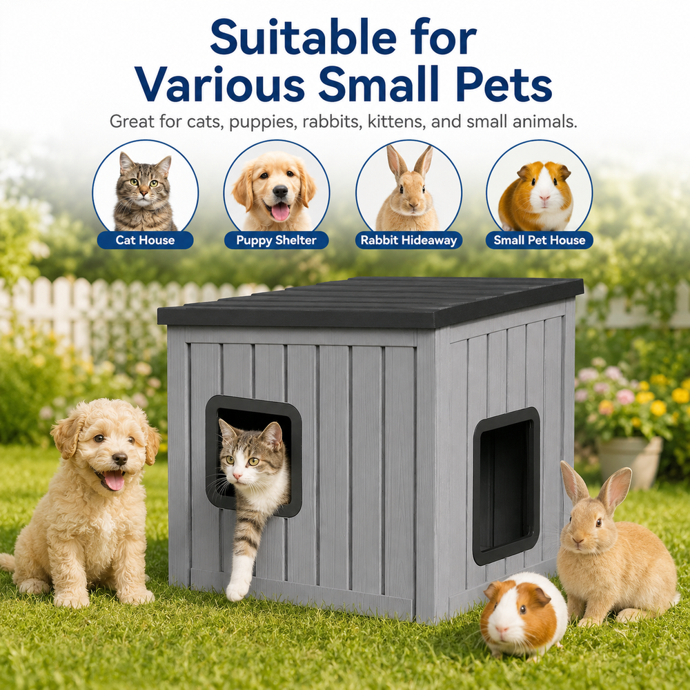 MINDYES Outdoor Cat House, Weatherproof Roof Removable Lids & Ventilation window for Cats Kittens & Puppies, Gray