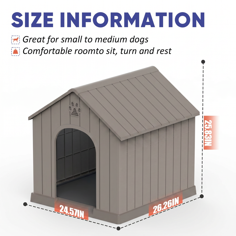 MINDYES Medium Small Dog House, Resin Faux Wood Dog Shelter for Outdoor & Indoor, Light Brown