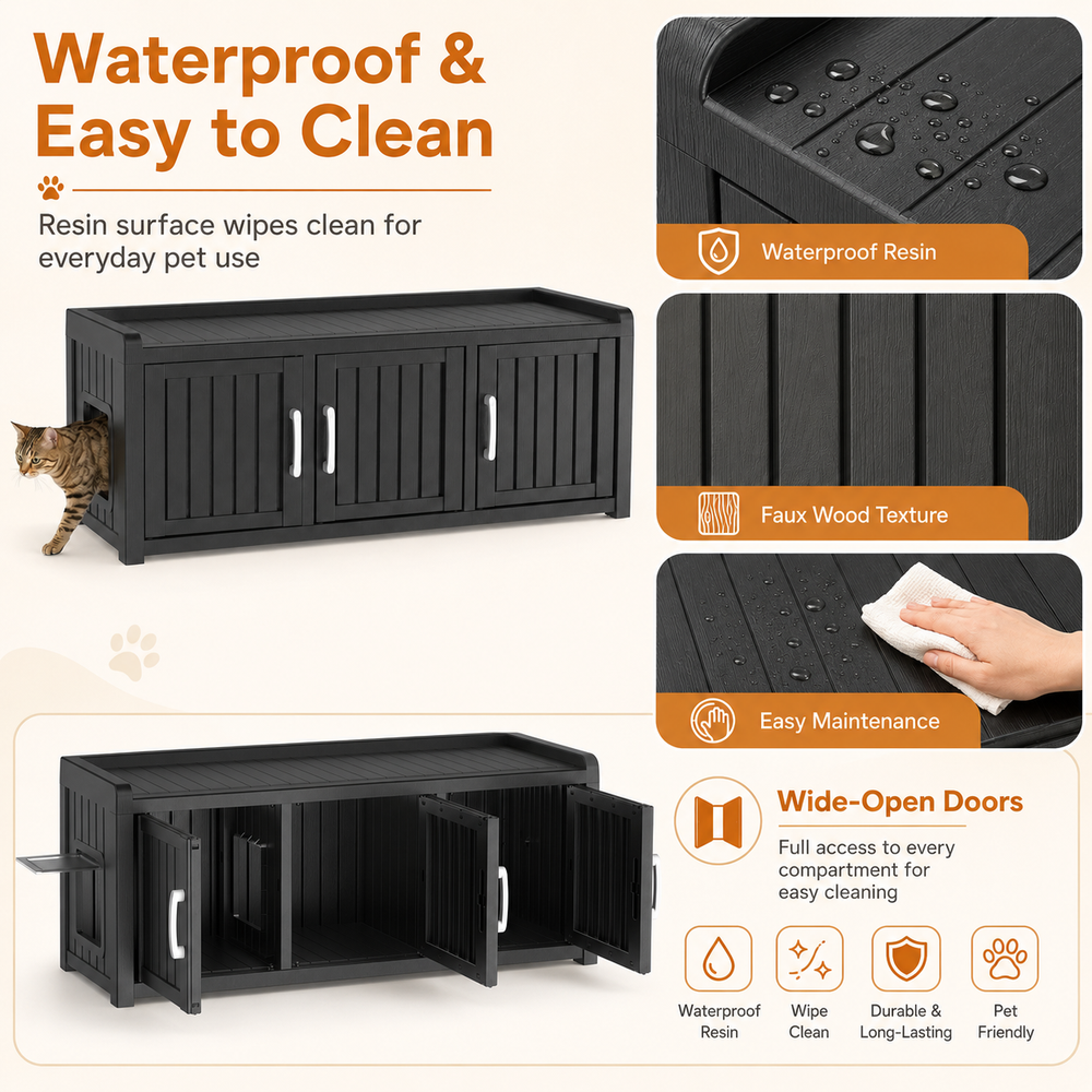 MINDYES 3-Cabin Hidden Cat Litter Box Enclosure Furniture for Bedroom Hallway, Black