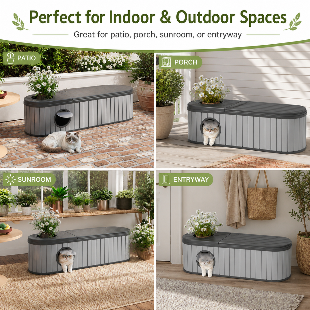 MINDYES Multifunctional 4-In-1 Outdoor Cat Bed Furniture, Combines Cat House, Shoe-Changing Stool, Bench and Storage Cabinet, Gray