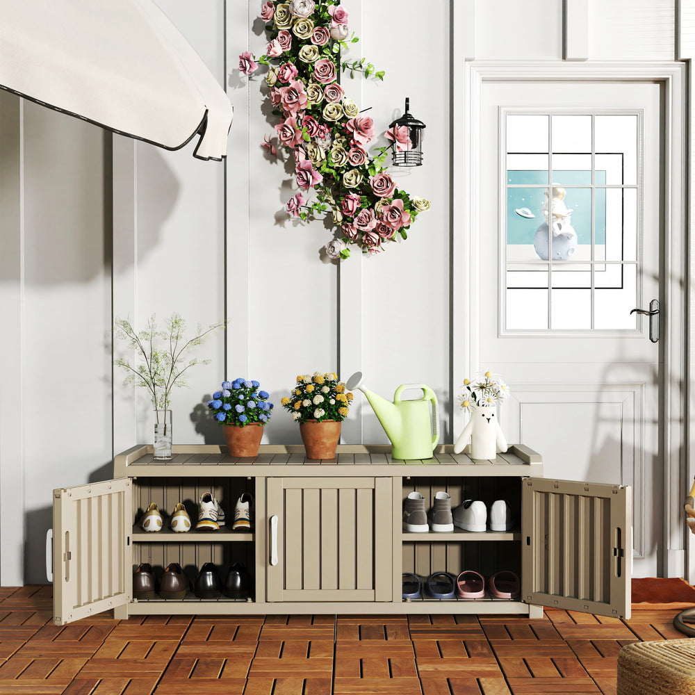2-Tier Storage Bench Entryway Shoe Bench with 3 Doors and Adjustable Shelf
