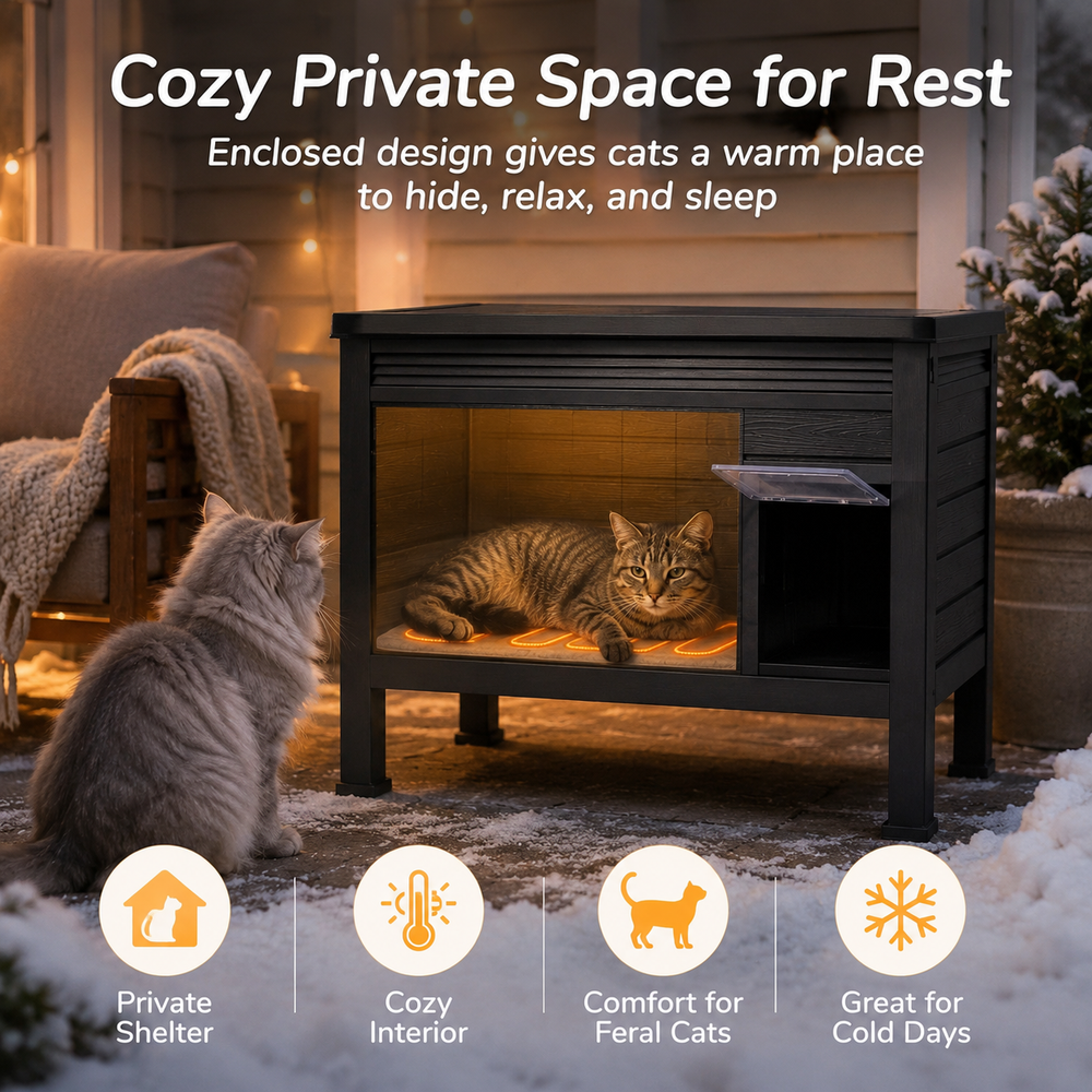 MINDYES Outdoor Cat House with Heating Pad, Pet Shelter with Weatherproof Roof & Stent, Black