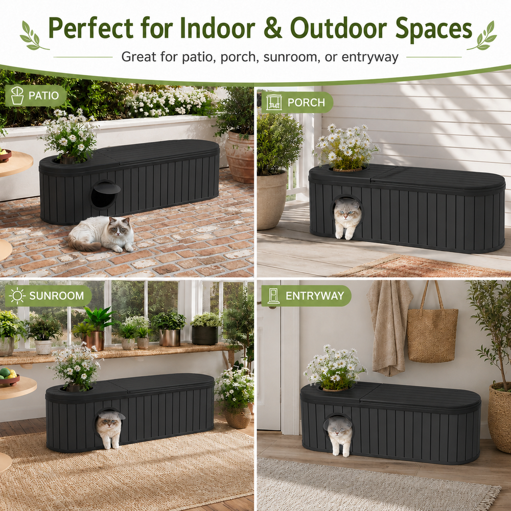MINDYES Multifunctional Indoor Cat House, 4-In-1 Cat Bed for Shoe-Changing Stool, Bench and Storage Cabinet, Black
