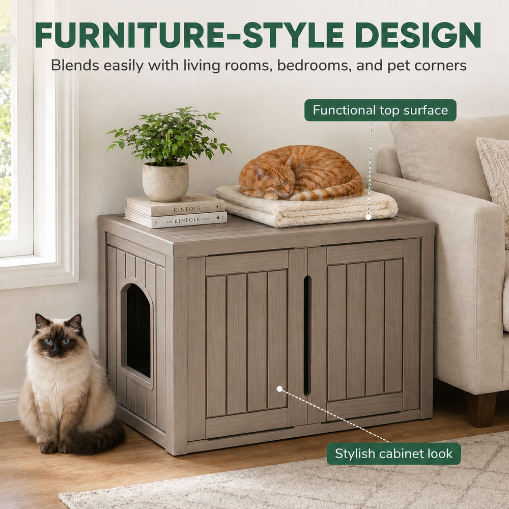 MINDYES Multifunctional Cat Cabinet, Hidden Cat Litter Box Furniture with Divider for Indoor Outdoor, Light Brown