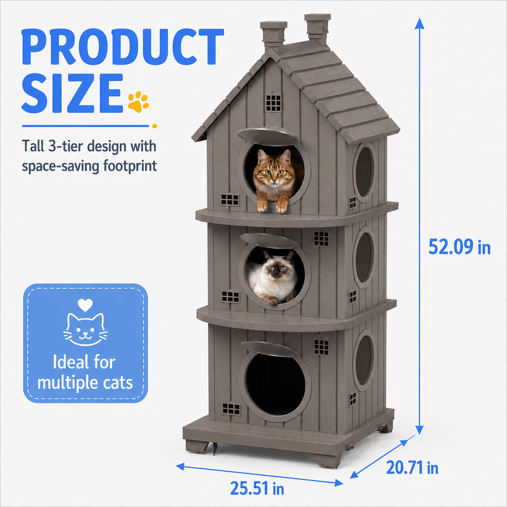 MINDYES Cat House, Weatherproof Outdoor Three-Tier Cat Bed for Garden & Patio, Light Brown