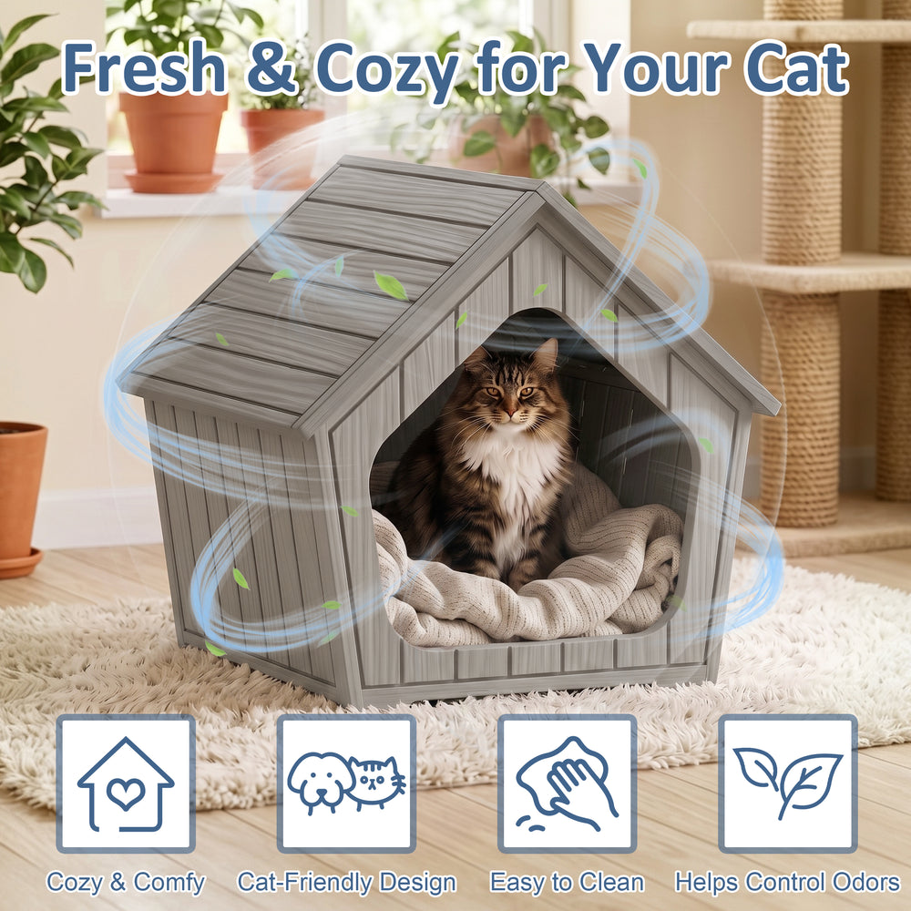 MINDYES Outdoor Cat House Weatherproof Faux Wooden Pet Shelter for Cats Kittens & Puppies, Light Brown