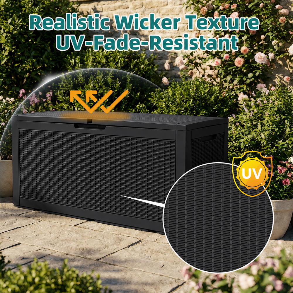 MINDYES 120 Gallon Wicker Deck Box, Outdoor Storage for Patio Cushions, Pool Floats & Garden Tools, Black