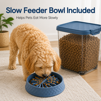 MINDYES 35 Lb Airtight Pet Food Storage Container, Dog & Cat Food Storage Bin with Wheels, Scoop, Slow-Feeder Bowl