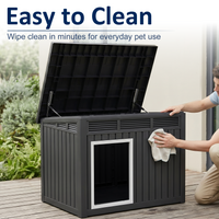 MINDYES Classic Dog House Outdoor Faux Wooden Shelter with Weatherproof Roof Removable Floors for Medium Small Dogs, Black