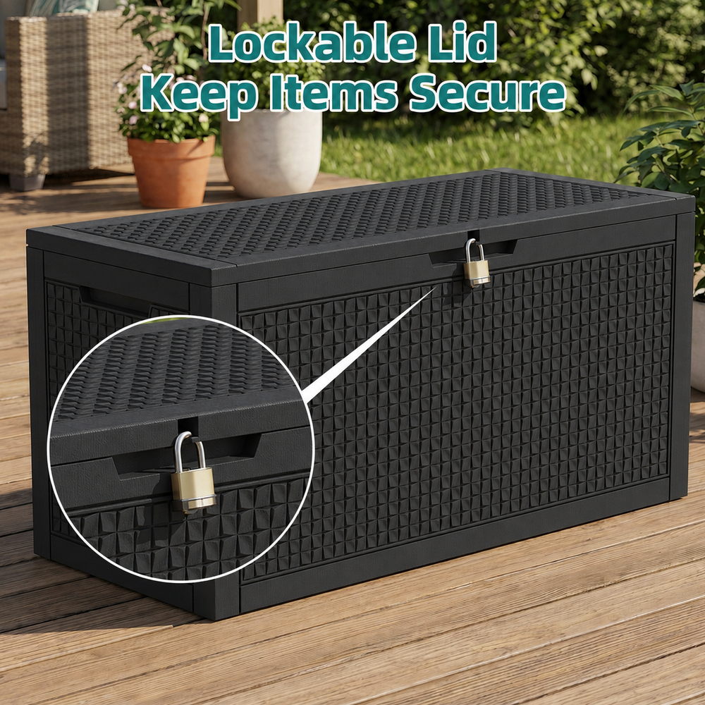 MINDYES 120 Gallon Diamond Deck Box, Geometric Texture Outdoor Storage for Patio Cushions, Pool Floats & Garden Tools, Black