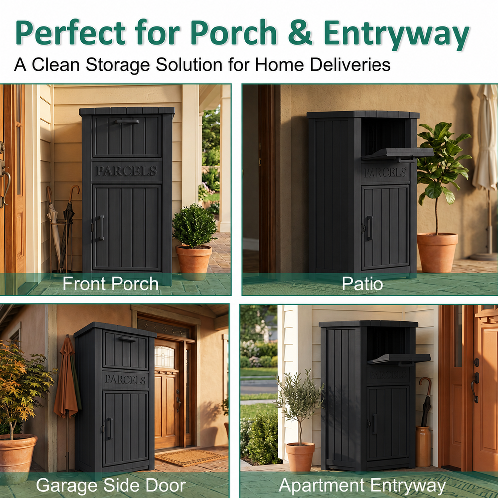 MINDYES Package Delivery Box for Porch with Lockable Secure Storage Compartment, Outdoor Storage Box for Patio Front Entryway, Black